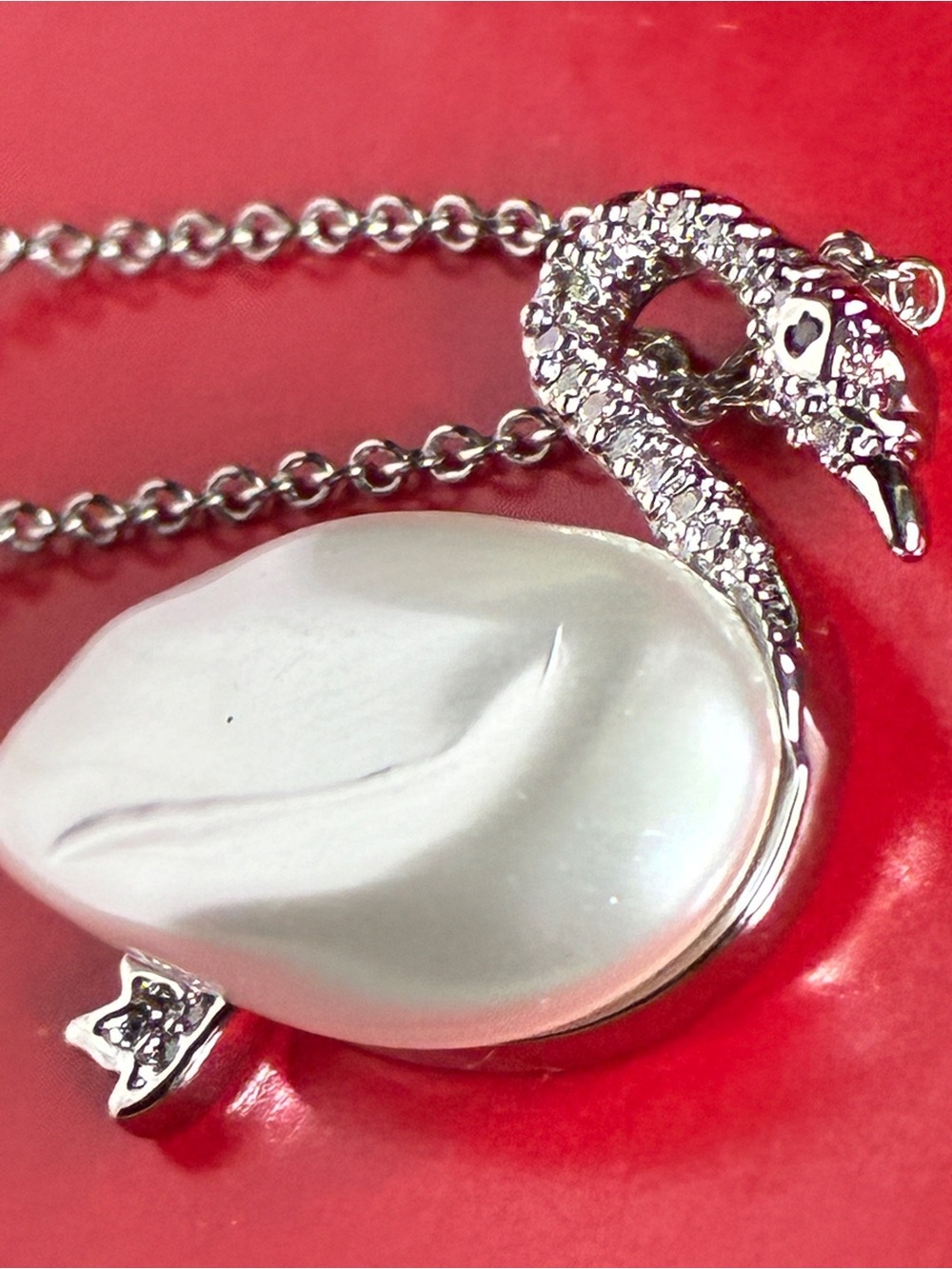 Silver Crystal Swan Pendant Necklace with White Pearl Accent ADJUSTABLE - Picture 6 of 9